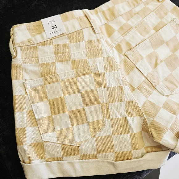 NWT PACSUN Tan Checkerboard Denim Mom Shorts Cuffed Hem 24 0 XS - Picture 6 of 7